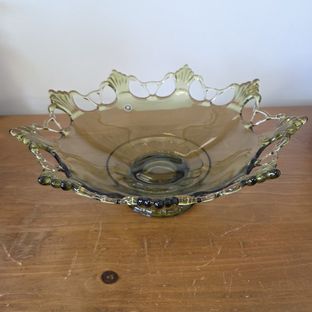 Westmorland Glass GREEN  Reticulated Lace Edge Ring & Petal Fruit Console Bowl